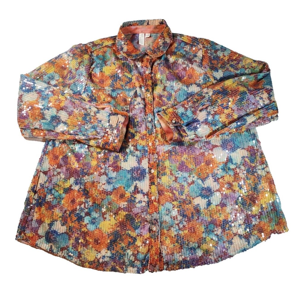 Cato Collection Sheer Sequined Button Up Top Long Sleeve Colorful Sz 18/20W